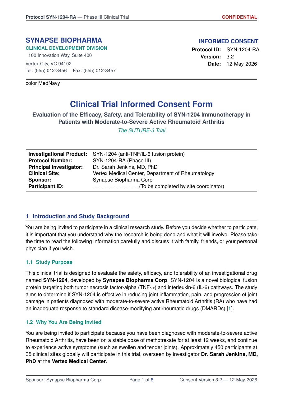 Informed Consent Form for Medical Trials LaTeX template — first page preview