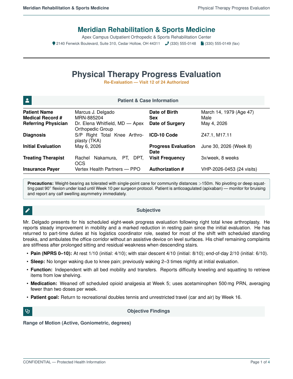 Physical Therapy Progress Evaluation LaTeX template — first page preview