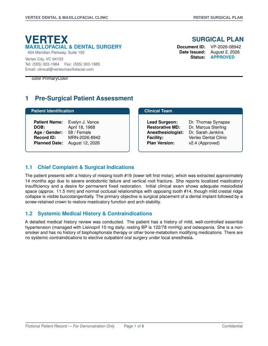 Dental Implant Surgery Plan LaTeX template — first page preview