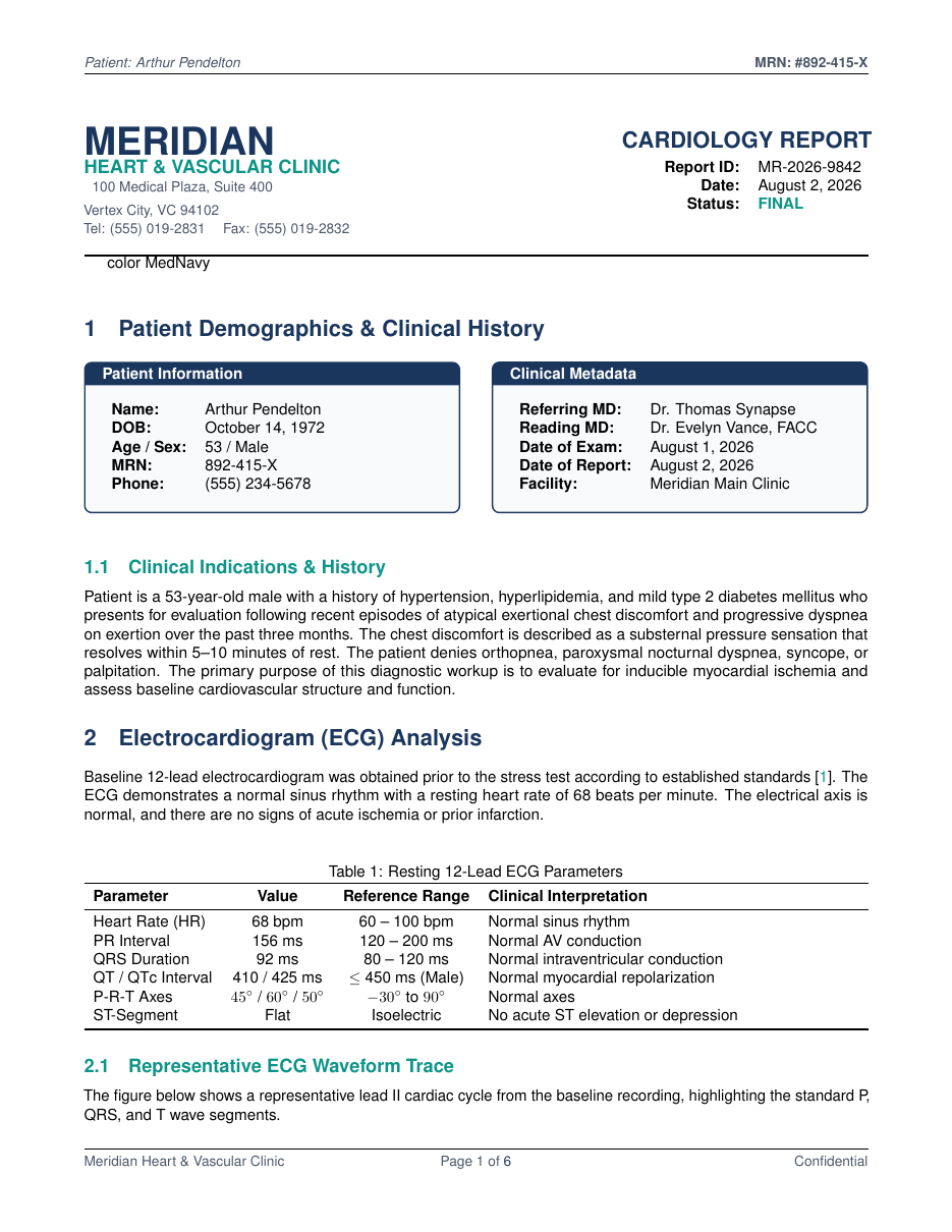 Cardiology Diagnostic Report LaTeX template — first page preview
