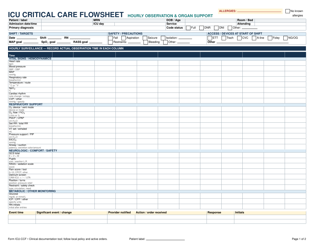 ICU Critical Care Flowsheet LaTeX template — first page preview
