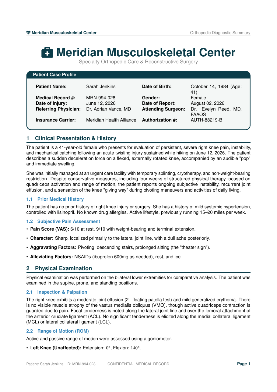 Orthopedic Diagnostic Summary LaTeX template — first page preview