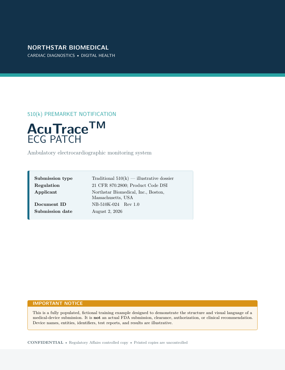 Medical Device Regulatory Submission (FDA 510k) LaTeX template — first page preview