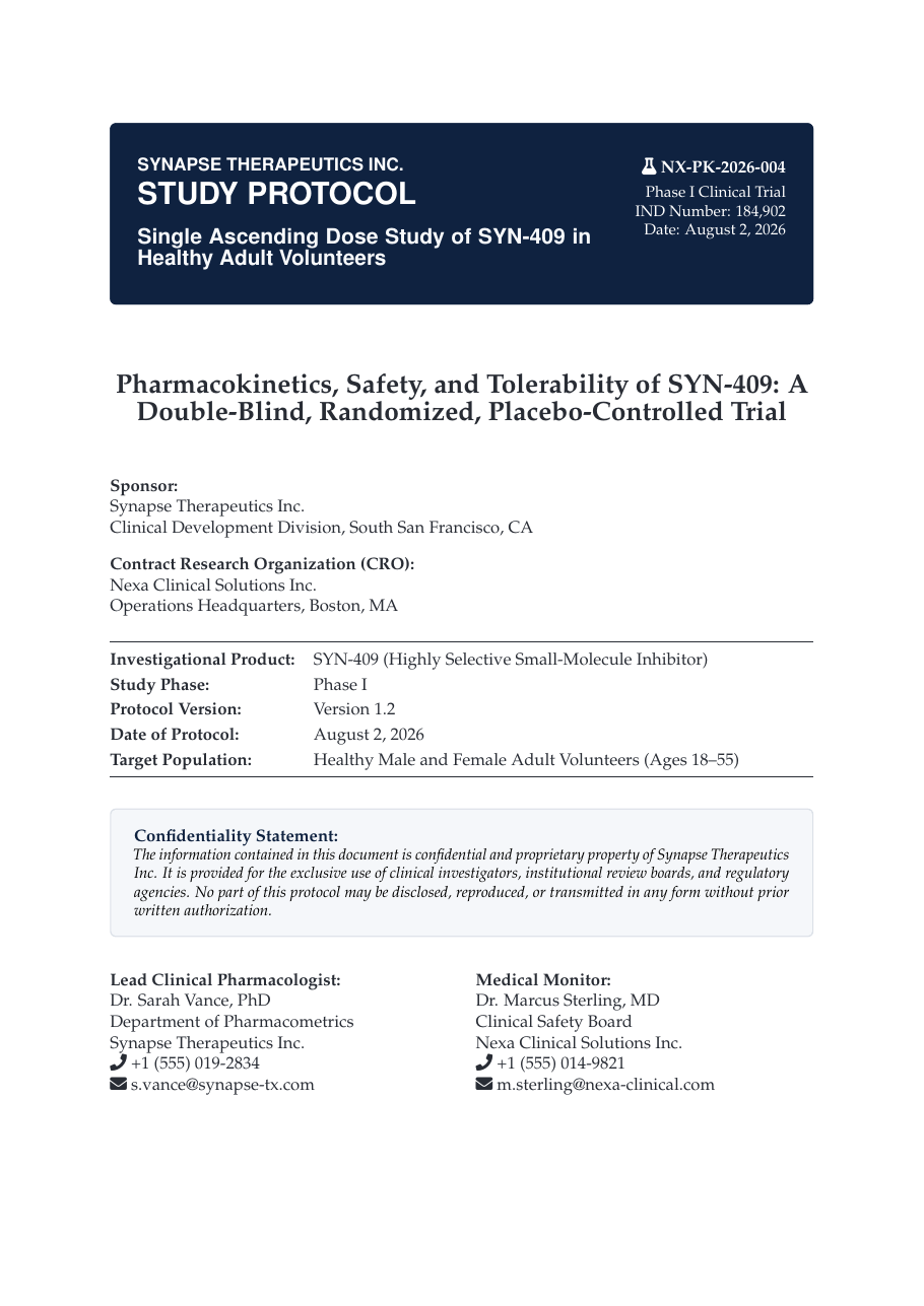 Pharmacokinetics Study Protocol LaTeX template — first page preview