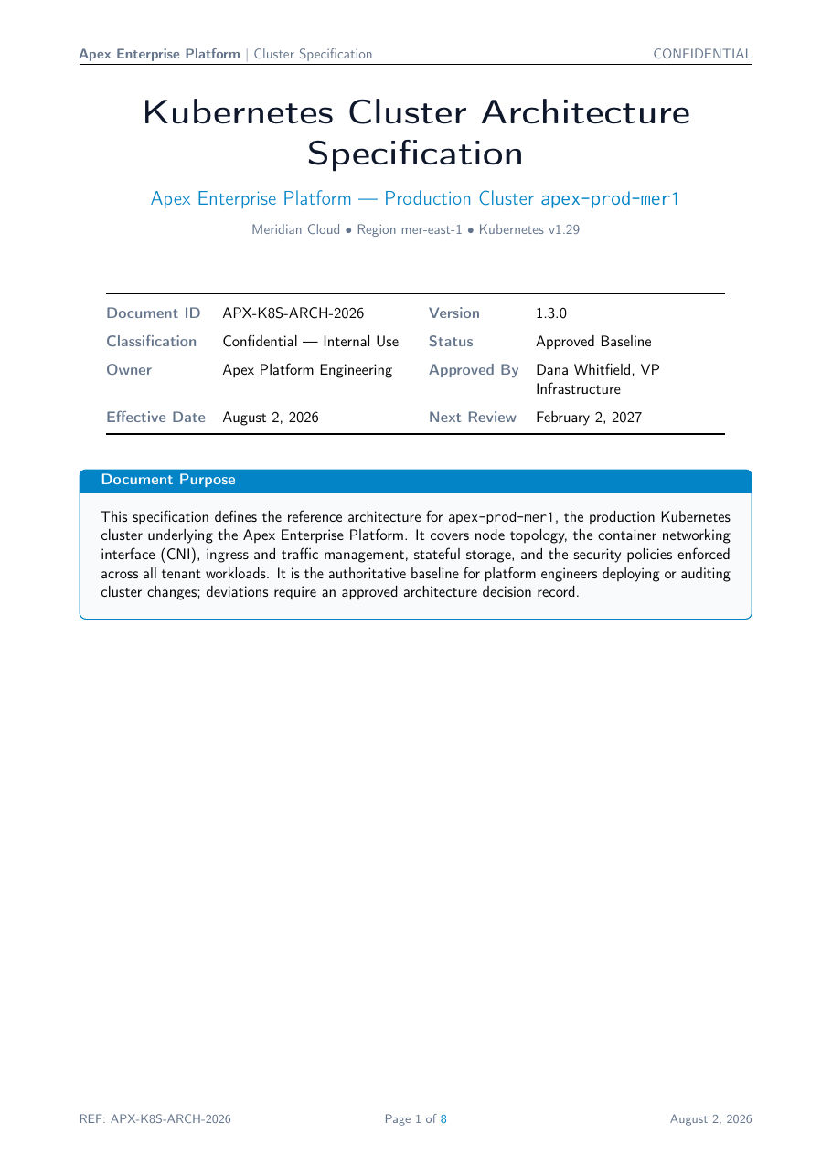 Kubernetes Cluster Architecture Specification LaTeX template — first page preview