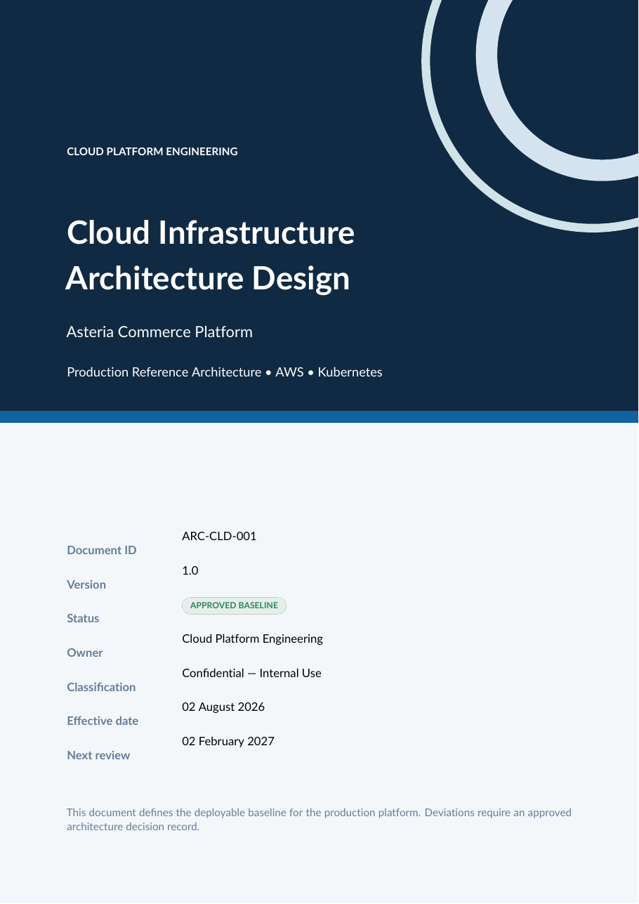 Cloud Infrastructure Architecture Design Document LaTeX template — first page preview