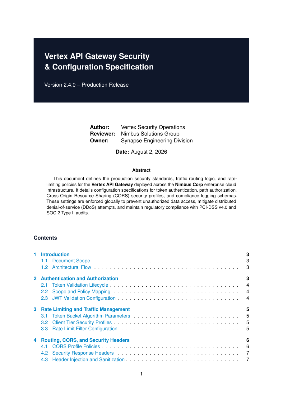API Gateway Security and Configuration Specification LaTeX template — first page preview