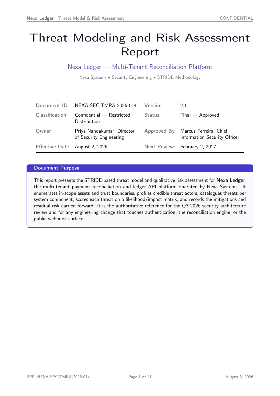 Threat Modeling and Risk Assessment Report LaTeX template — first page preview