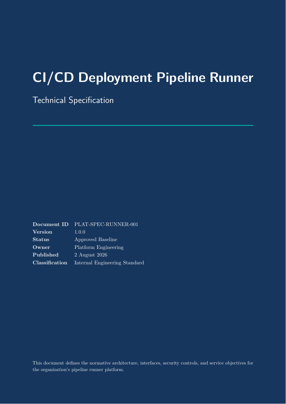 DevOps CI/CD Deployment Pipeline Runner Spec LaTeX template — first page preview