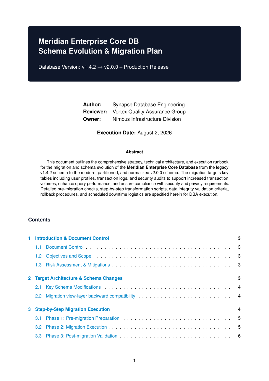 Database Migration & Schema Evolution Plan LaTeX template — first page preview