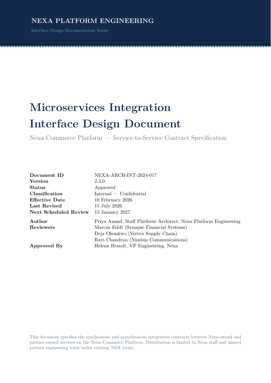 Microservices Integration Interface Design Document LaTeX template — first page preview