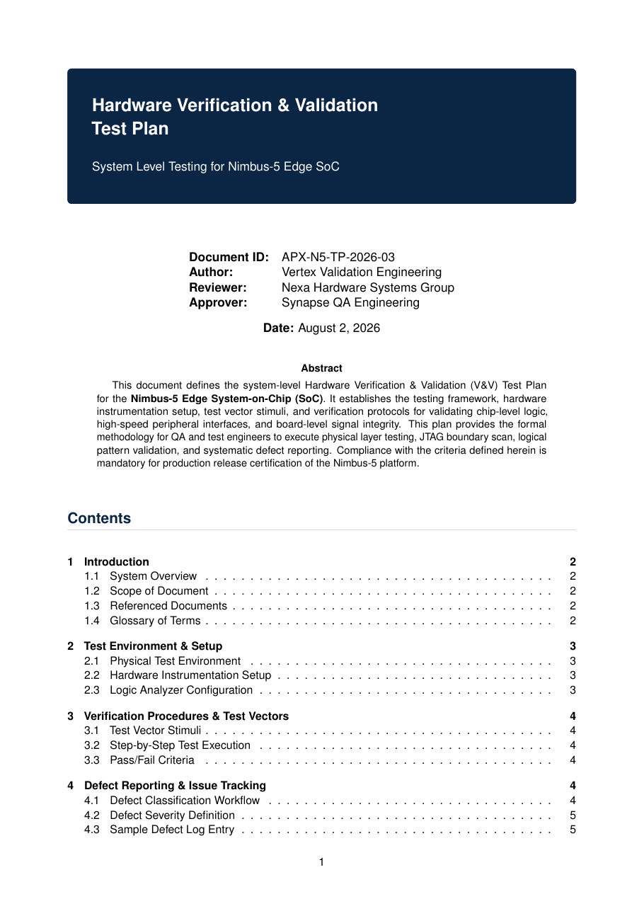Hardware Verification & Validation Test Plan LaTeX template — first page preview