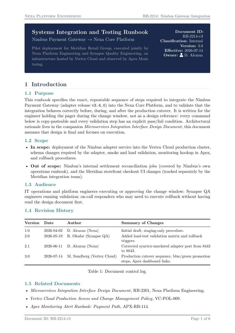 Systems Integration and Testing Runbook LaTeX template — first page preview