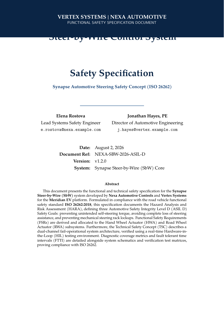 Automotive Control System Safety Spec (ISO 26262) LaTeX template — first page preview