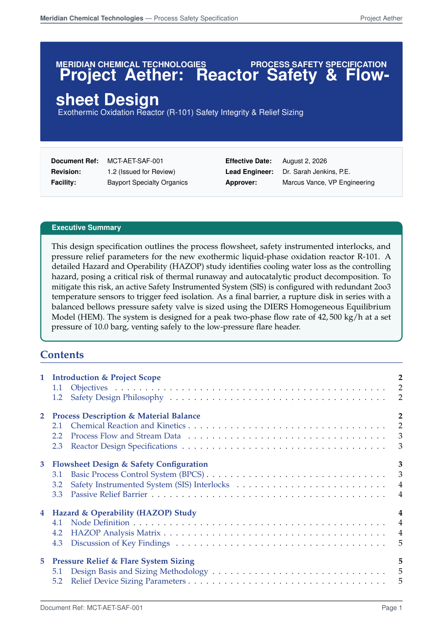 Chemical Process Safety & Flowsheet Design Spec LaTeX template — first page preview