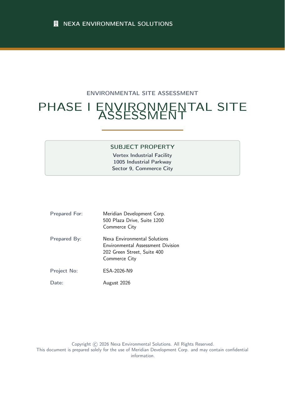 Environmental Site Assessment (Phase I ESA) Report LaTeX template — first page preview