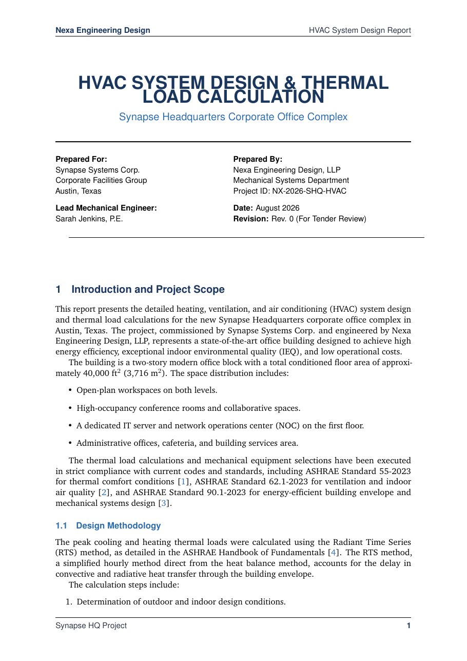 HVAC System Design & Thermal Load Calculation LaTeX template — first page preview