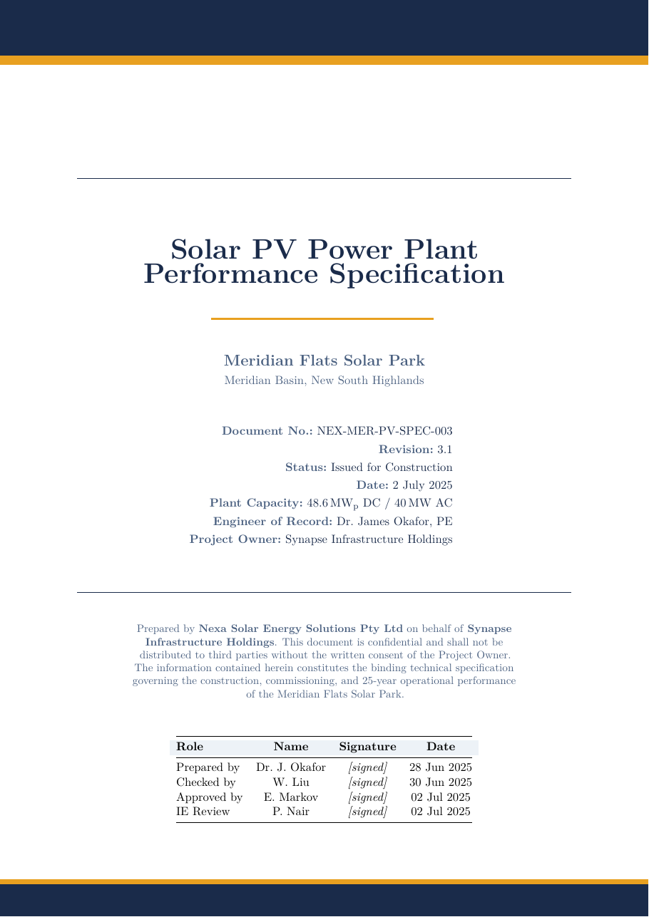 Solar PV Power Plant Performance Specification LaTeX template — first page preview