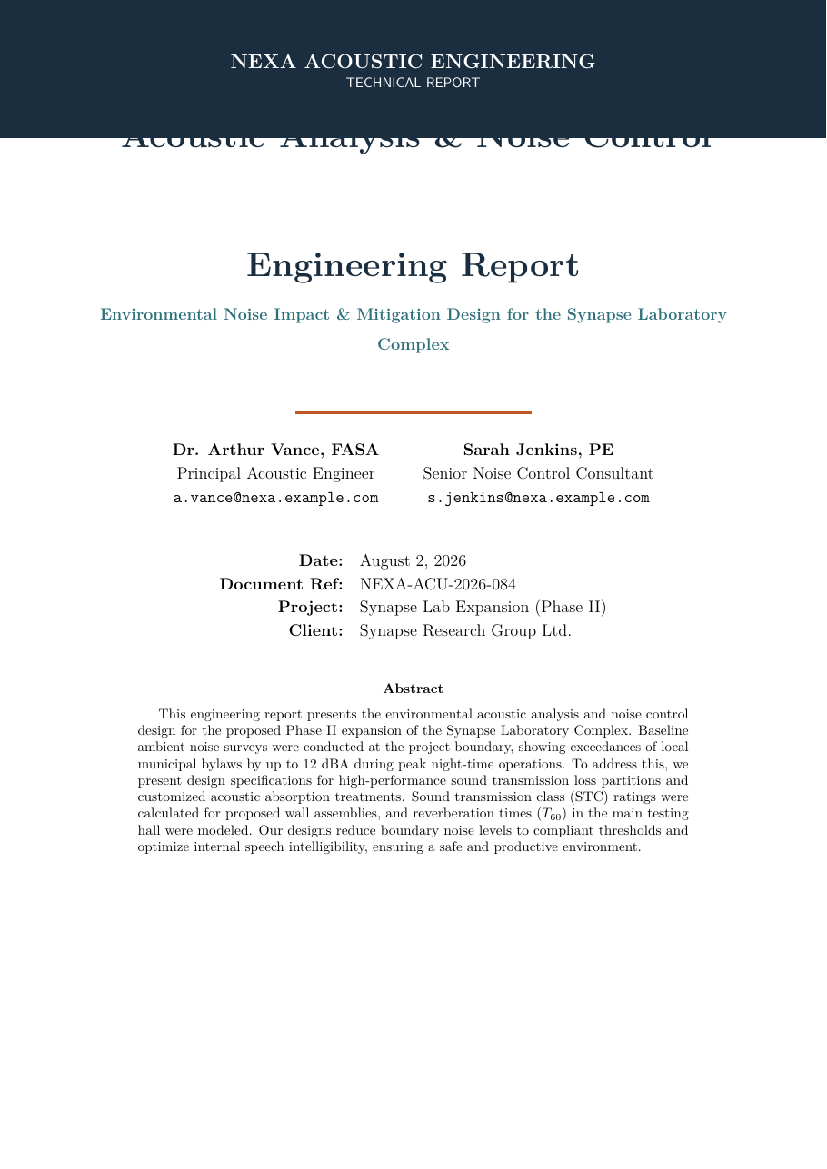 Acoustic Analysis & Noise Control Engineering Report LaTeX template — first page preview