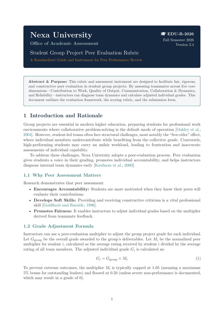 Student Group Project Peer Evaluation Rubric LaTeX template — first page preview