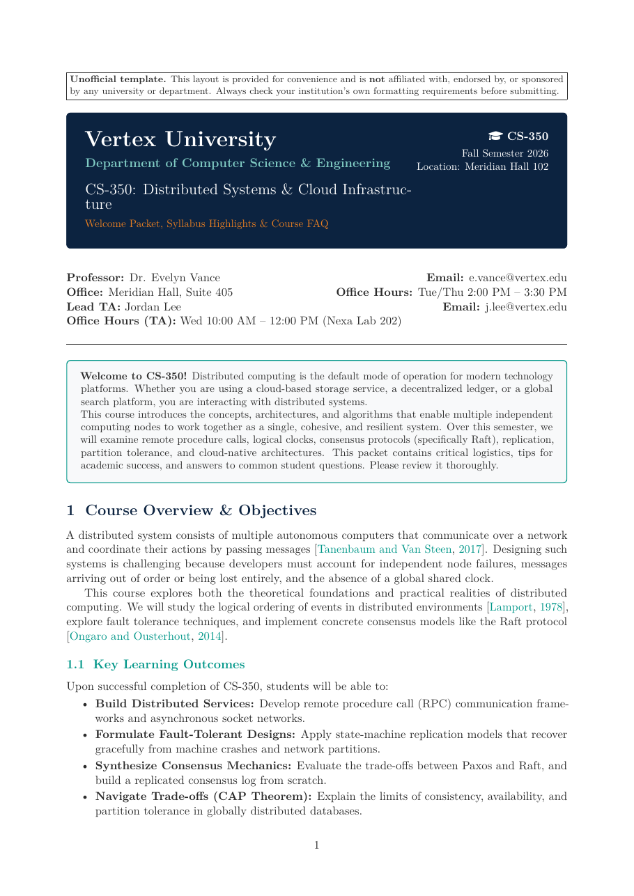 University Course Welcome Packet & FAQ LaTeX template — first page preview