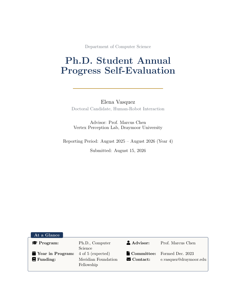 Ph.D. Student Annual Progress Self-Evaluation LaTeX template — first page preview