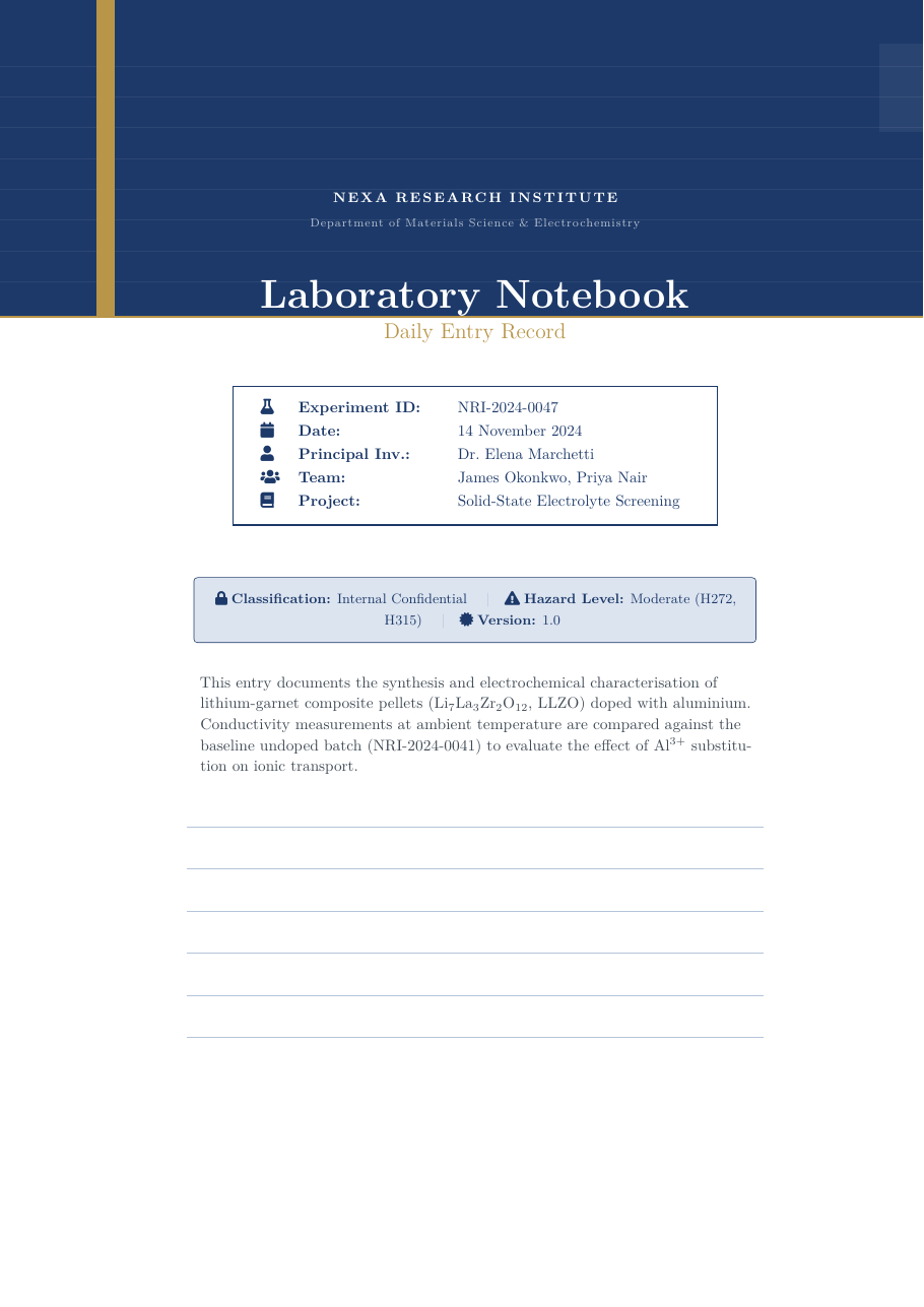 Laboratory Notebook Daily Entry LaTeX template — first page preview