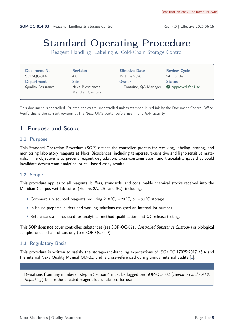 Standard Operating Procedure (SOP) LaTeX template — first page preview
