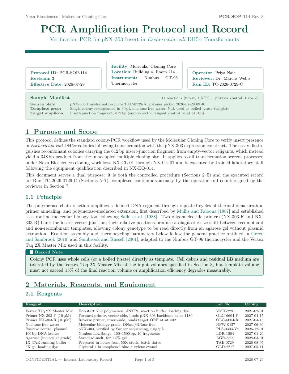 PCR Amplification Protocol and Record LaTeX template — first page preview