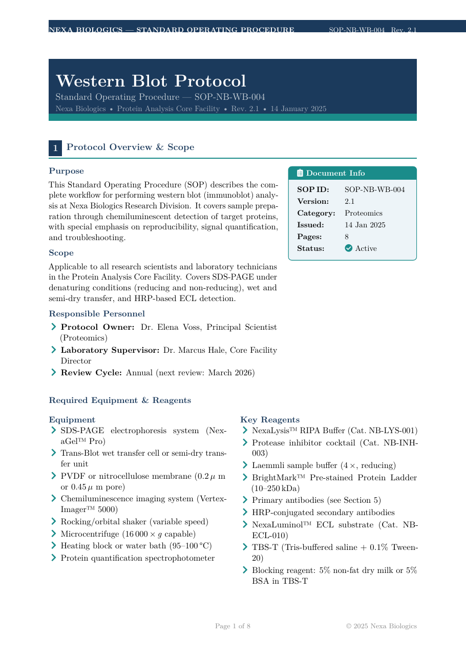 Western Blot Protocol LaTeX template — first page preview