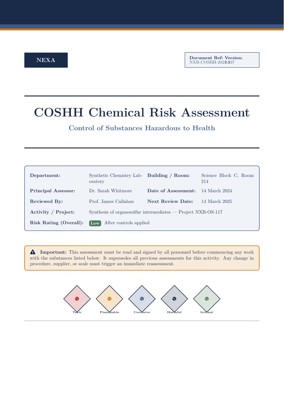 COSHH Chemical Risk Assessment LaTeX template — first page preview