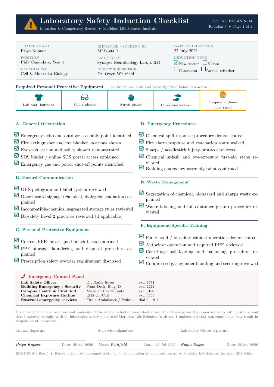 Laboratory Safety Induction Checklist LaTeX template — first page preview