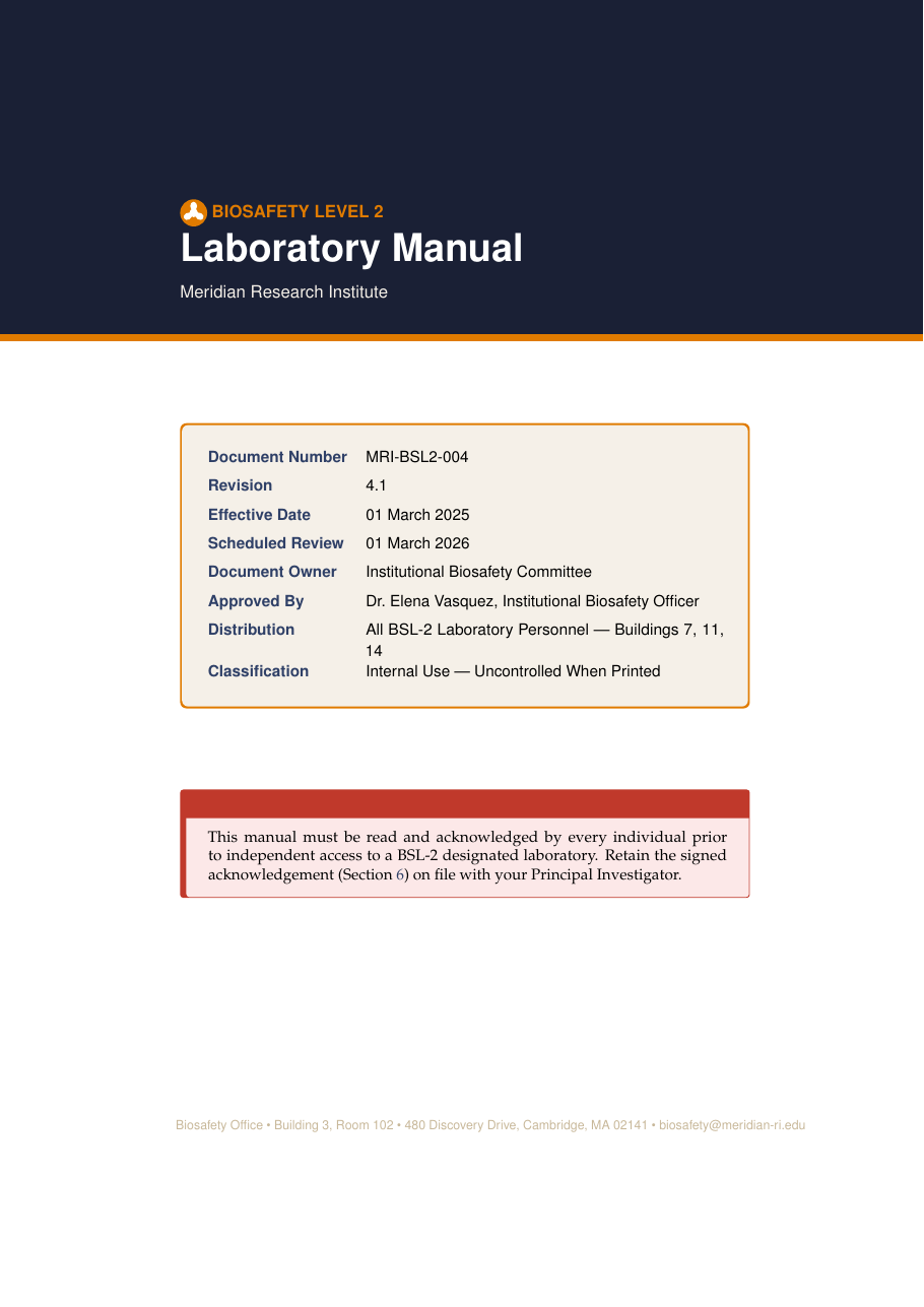 Biosafety Level 2 Manual LaTeX template — first page preview