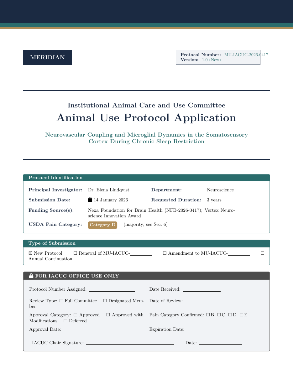 IACUC Animal Use Protocol LaTeX template — first page preview