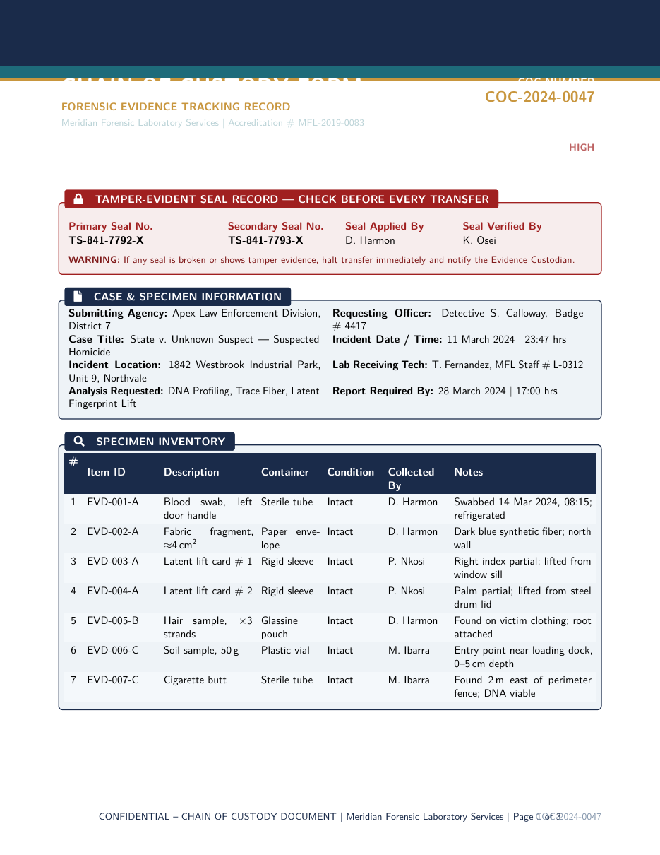 Sample Chain of Custody Form LaTeX template — first page preview