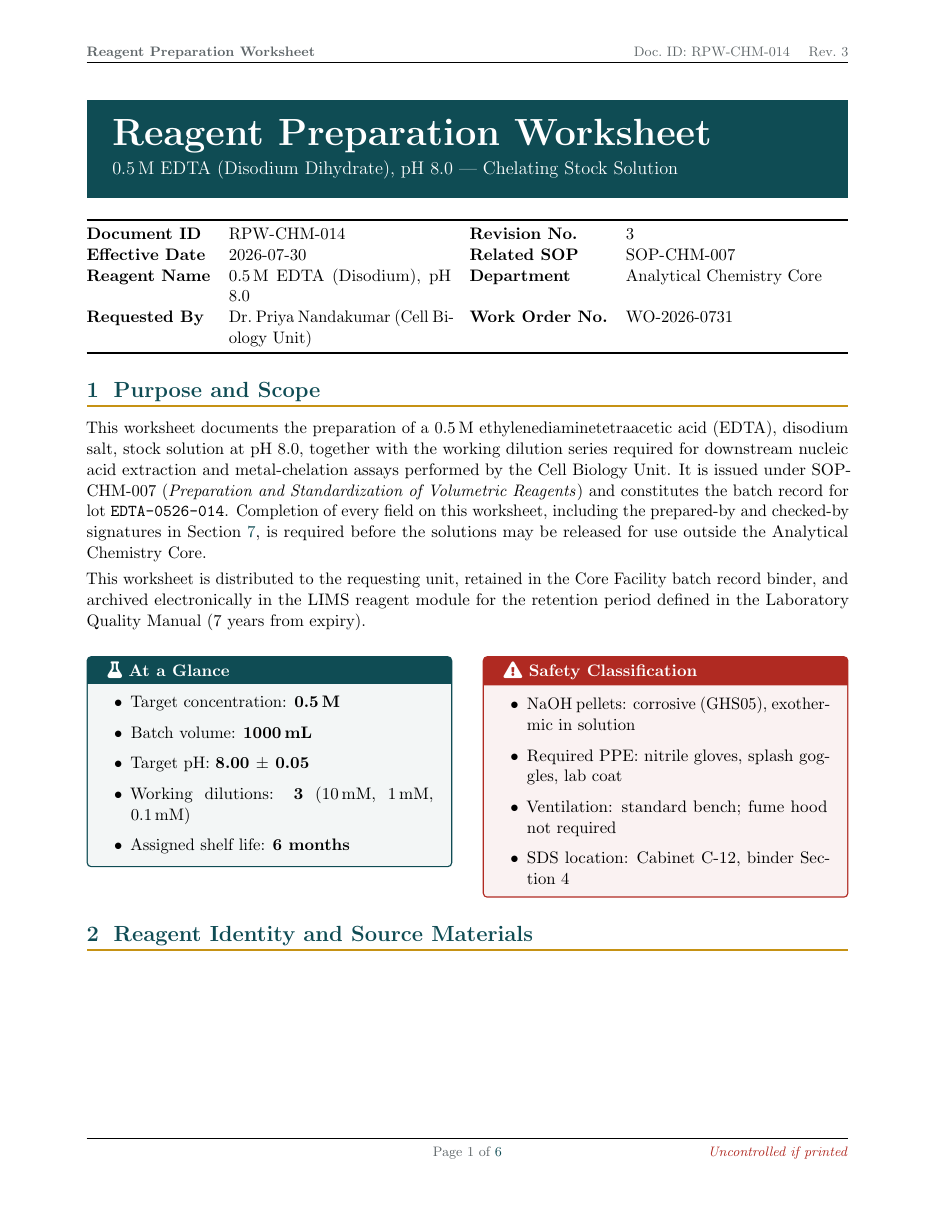 Reagent Preparation Worksheet LaTeX template — first page preview
