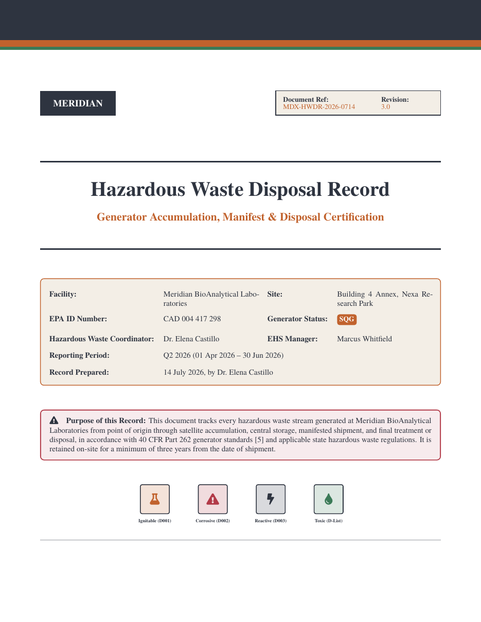 Hazardous Waste Disposal Record LaTeX template — first page preview