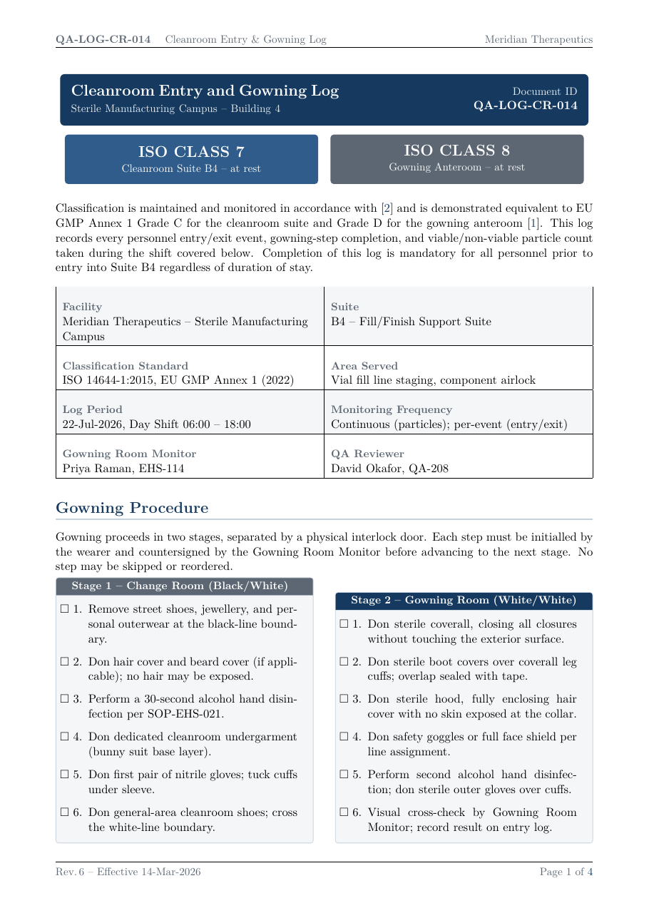 Cleanroom Entry and Gowning Log LaTeX template — first page preview