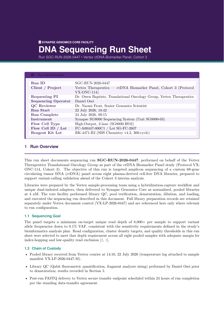 DNA Sequencing Run Sheet LaTeX template — first page preview