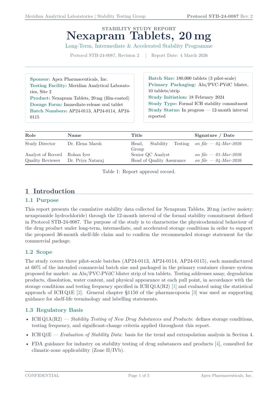 Stability Study Report LaTeX template — first page preview