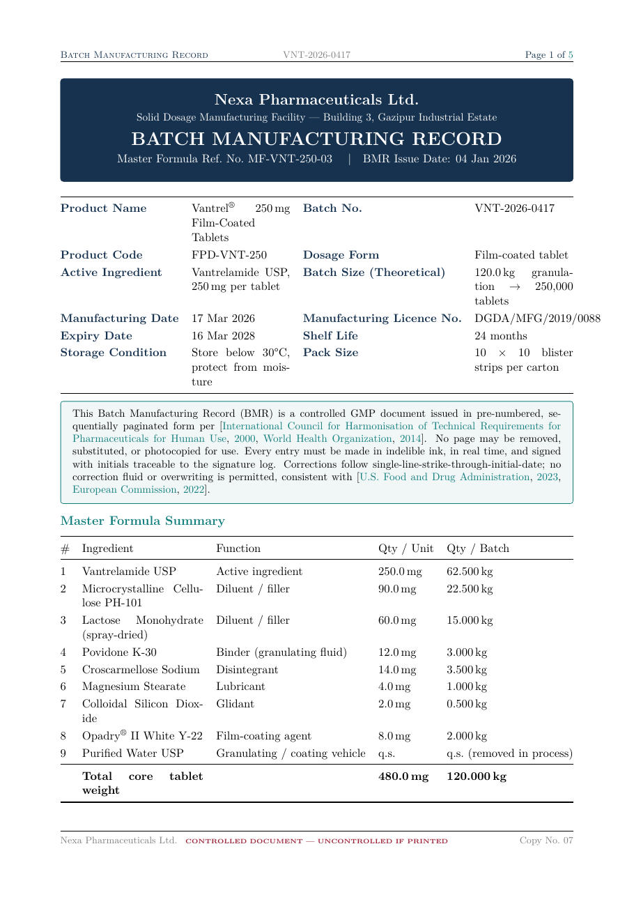 GMP Batch Manufacturing Record LaTeX template — first page preview