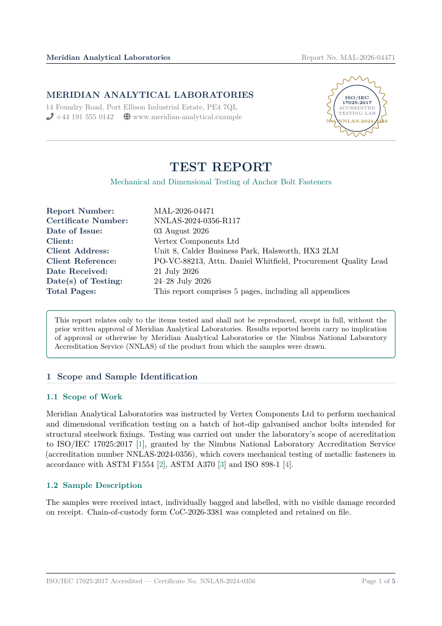 ISO/IEC 17025 Test Report LaTeX template — first page preview