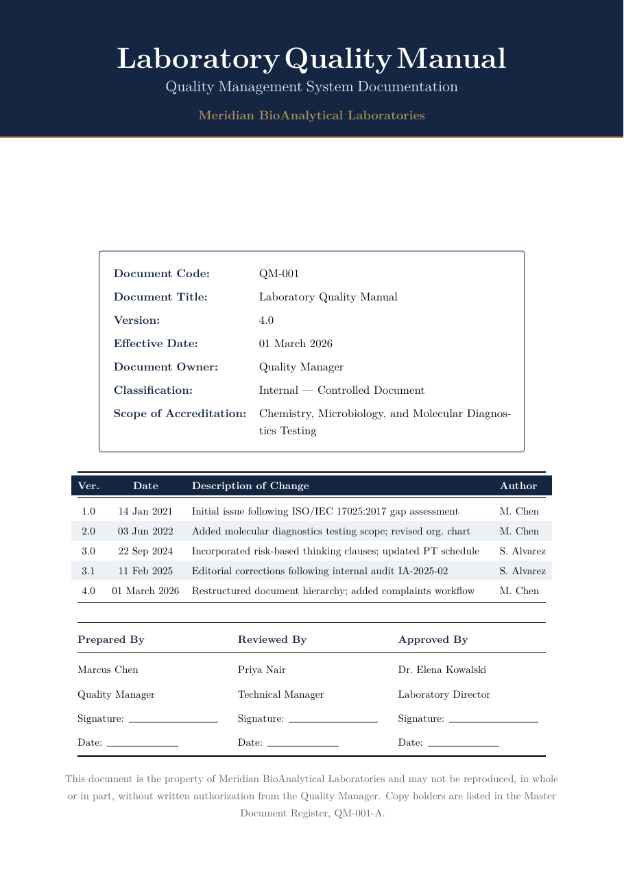 Laboratory Quality Manual LaTeX template — first page preview