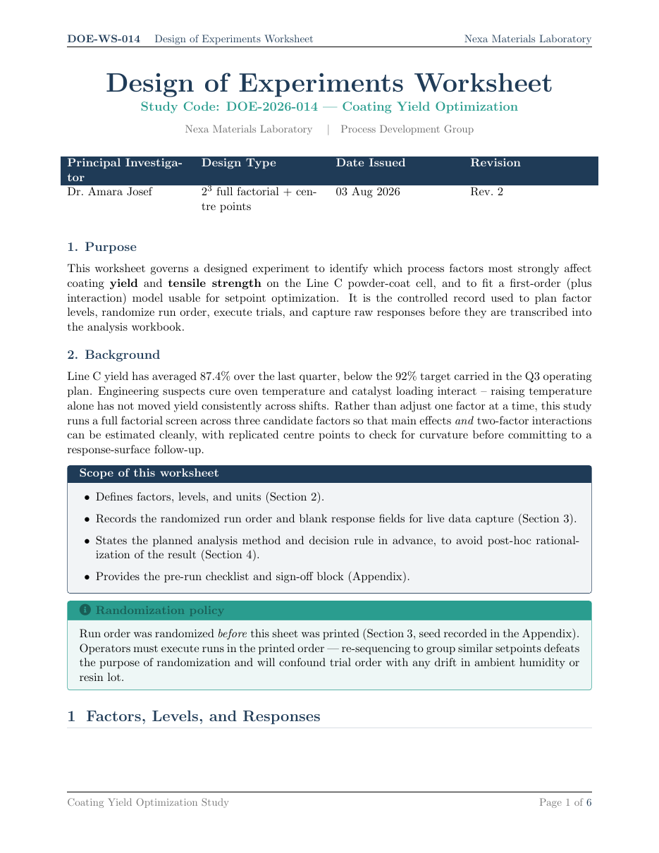 Design of Experiments (DOE) Worksheet LaTeX template — first page preview