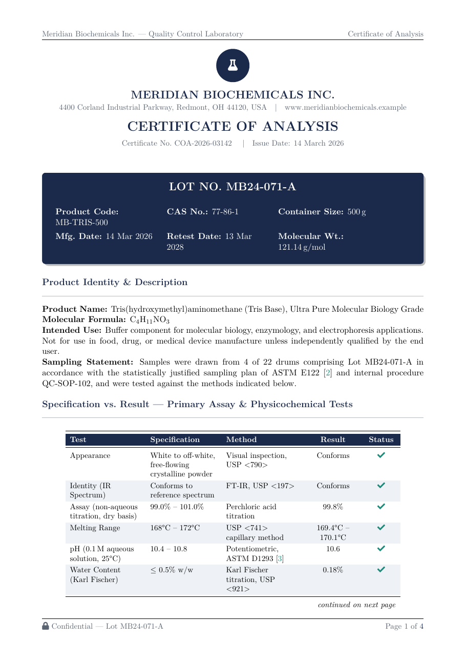 Reagent Certificate of Analysis LaTeX template — first page preview