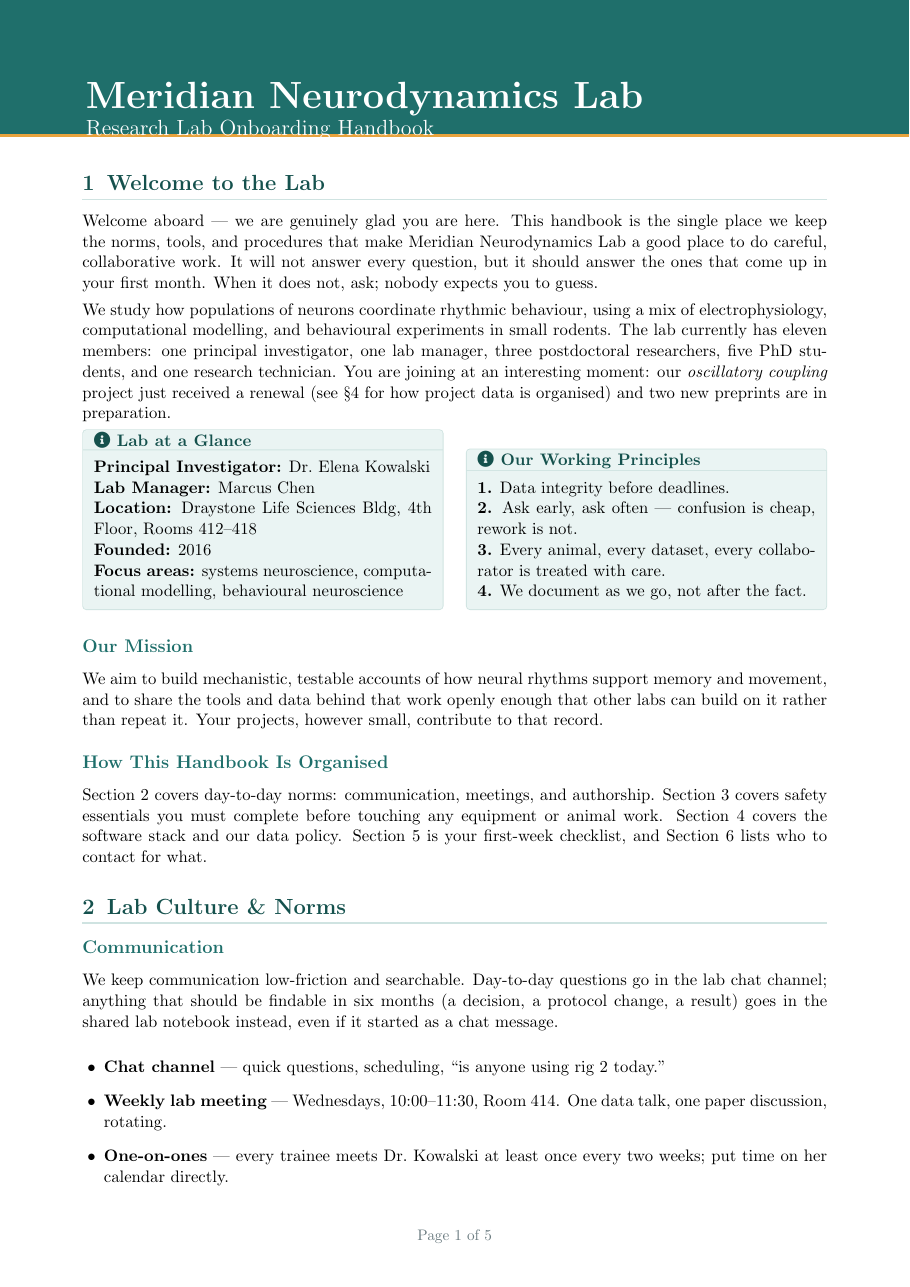 Research Lab Onboarding Handbook LaTeX template — first page preview