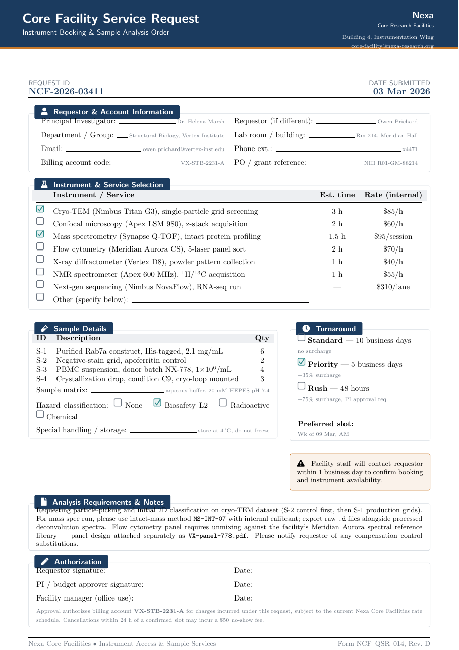 Core Facility Service Request LaTeX template — first page preview