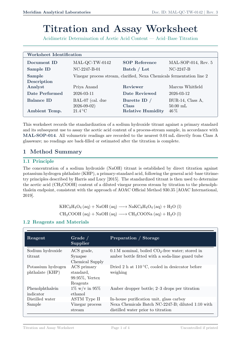 Titration and Assay Worksheet LaTeX template — first page preview