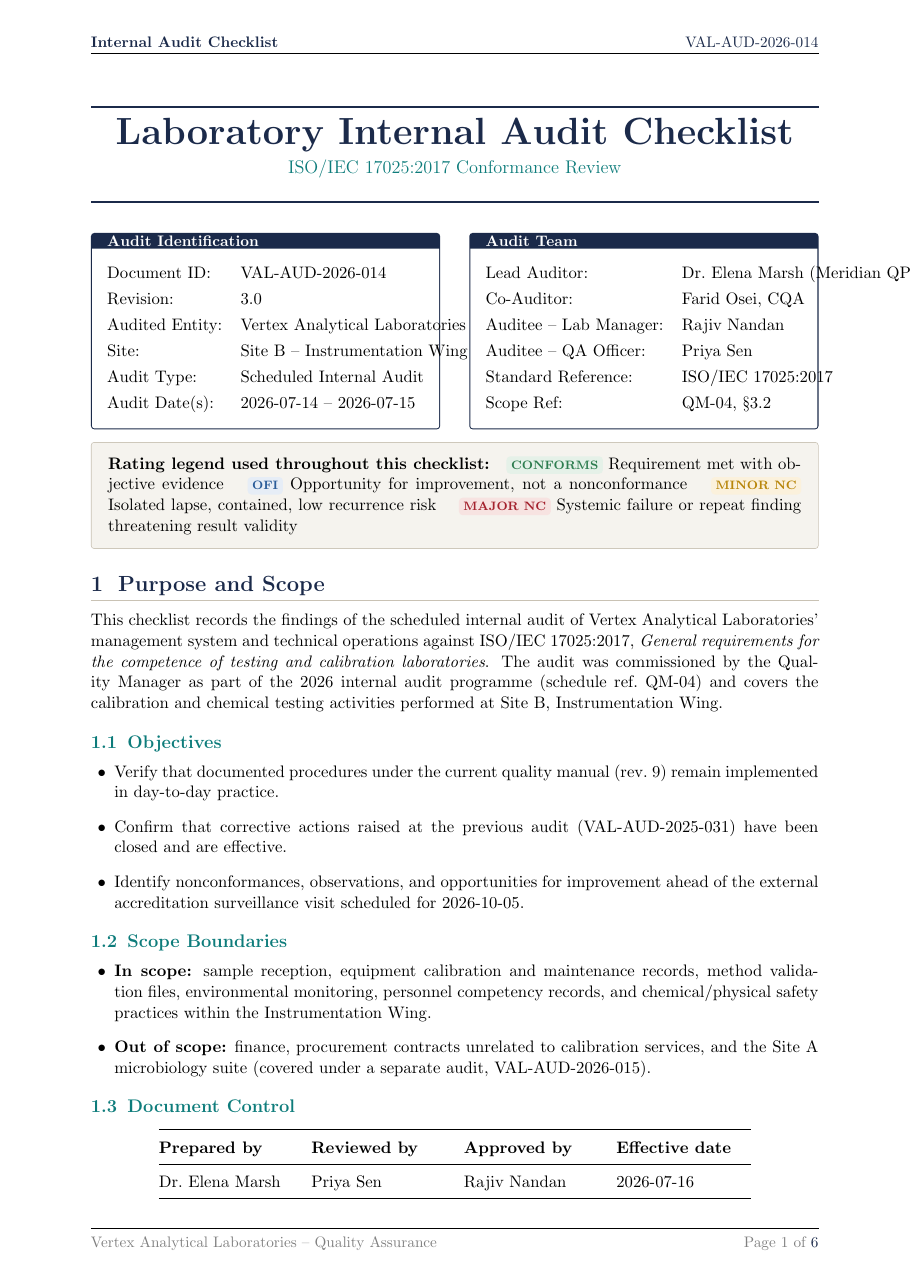 Laboratory Internal Audit Checklist LaTeX template — first page preview