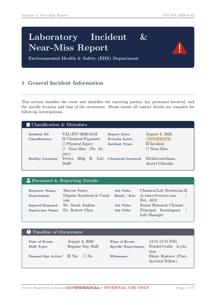 Laboratory Incident and Near-Miss Report LaTeX template — first page preview